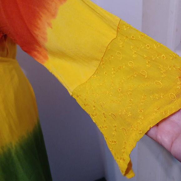 Rainbow Dress ONE SIZE Tie-dye Ombre Wrap Front Cover Up Embroidered Sleeve NEW - Picture 5 of 10